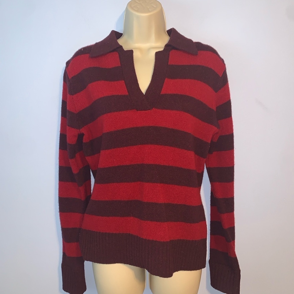 Old Navy vintage Red burgundy Striped V-Neck rugby collared Sweater lambswool M